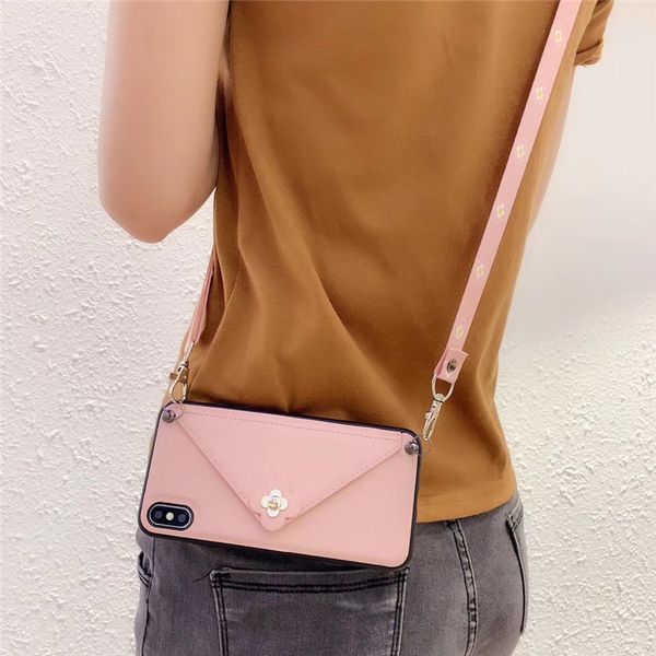 

one piece phone case for iphone 6p 7 8plus xr 11 11promax fashion camellia wallet new designer phone case back cover with lanyard
