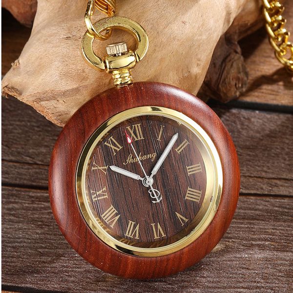 

natural rose wood pocket watch quartz wooden clock with golden chain roman numeral luminous hands fob watches pendant men women, Slivery;golden