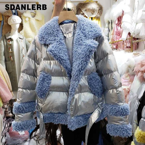 

2019 winter new faux sheep fur coat female lamb hair velvet stitching down cotton jacket bright face parka ladies bread coat, Black