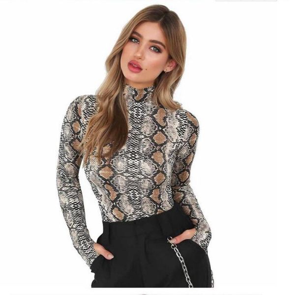 

women spring elastic snakeskin bodysuits female turtleneck long sleeve tshirt printing slim club gorgeous t shirt, Black;white