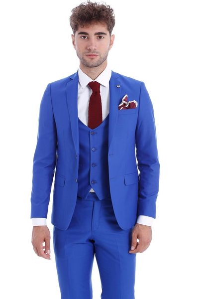 Slim Fit Royal Blue Groom Tuxedos Нотч Мужчины Wedding Tuxedos Мужчины куртка Blazer Отлично 3 шт Костюм (куртка + штаны + Tie + Vest) 825