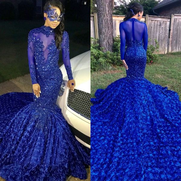 

luxury 3d flowers beaded royal blue prom dress jewel neck long sleeve illusion appliques lace court train mermaid prom gowns, Black