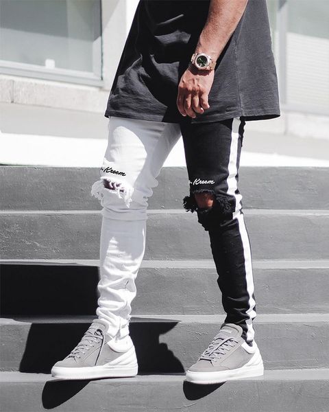 

мужские джинсы байкер стильный high street весна колено отверстия ripped черный белый лоскутное жан tousers, Blue