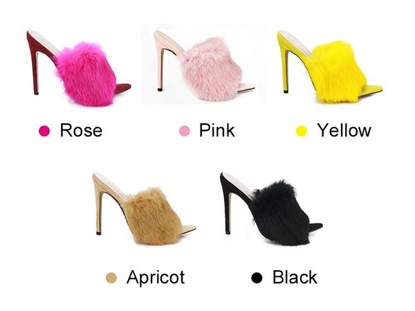 

luxury furry slide sandals shoes woman fluffy fur high heels 11cm peep toe pumps women high heel female wedding shoe, Black