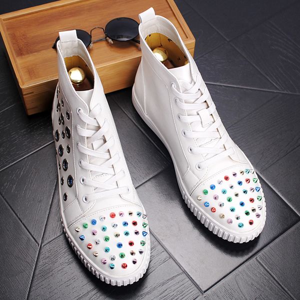 

city boy punk nightclub boots for men fashion flat platform ankle boot lace-up cow leather rivet shoes short botas zapato, Black