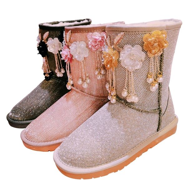 

fashion bling glitter flowers winter boots women waterproof snow boots rhinestone plush warm winter shoes female botas mujer, Black