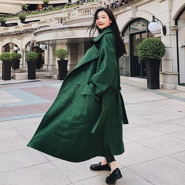 

2019 autumn winter fashion double coat women breasted casual loose big size long type green plaid office lady woolen coat k162, Black