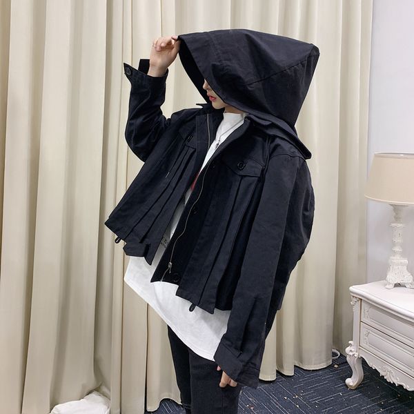 

2019 spring autumn men oversized hooded short jacket male streetwear hip hop punk gothic style loose coat, Black;brown