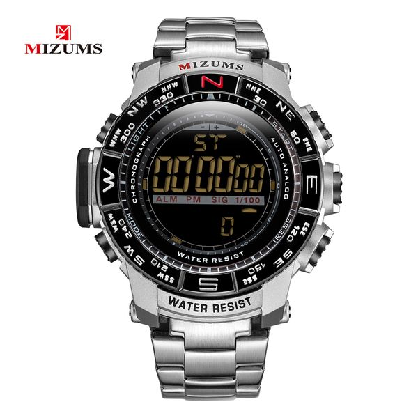 

mizums men watch fashion alloy case stainless steel band digital watch sports waterproof wrist, Slivery;brown