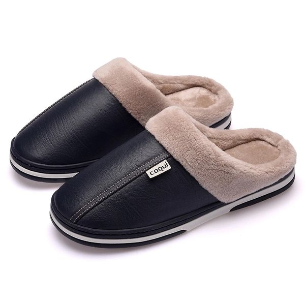

asifn men pu leather slippers winter fur cotton slipper male non-slip waterproof ladies warm indoor outdoor home couples shoes, Black