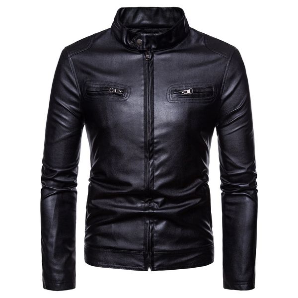 

mens leather jacket autumn winter coat new men's standing collar leather jacket with double pocket, Black