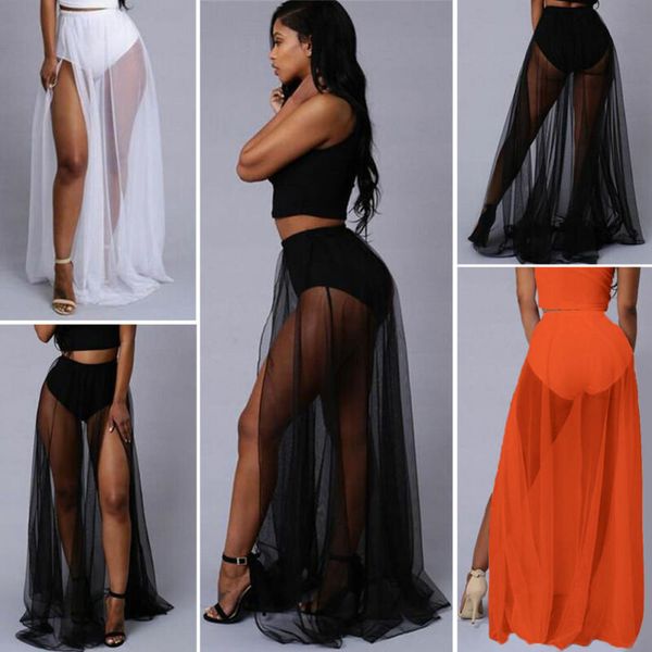 

women chiffon long maxi skirt high waist summer pleated boho beach skirt dress see through sheer skirts, Black