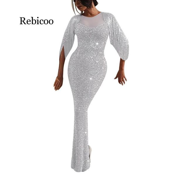 

women's stitching tassel blingbling slim bag hip fishtail dress swing split half sleeve long eveningdinner party dress, Black;pink