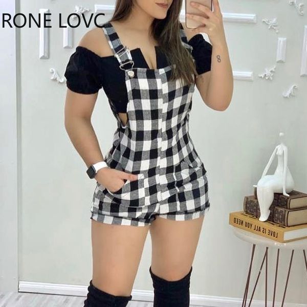 

women gingham print wide strap romper summer romper, Black;white