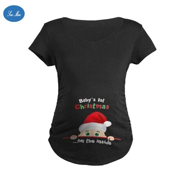 

sea-mao 2016 arrival spring women t shirt short sleeve baby's 1st christmas printed maternity female t shirt pregnant tee k148, White