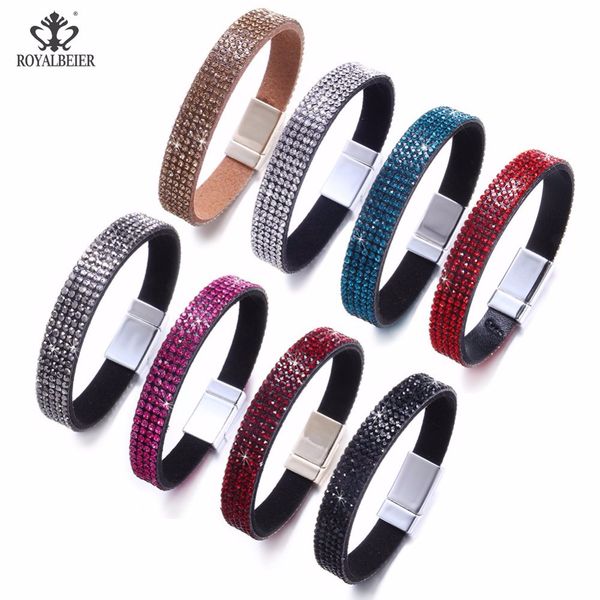 

royalbeier popular leather crystal women wide bracelet bangle metal buckle rhinestone fashion jewelry womens accessories, Golden;silver