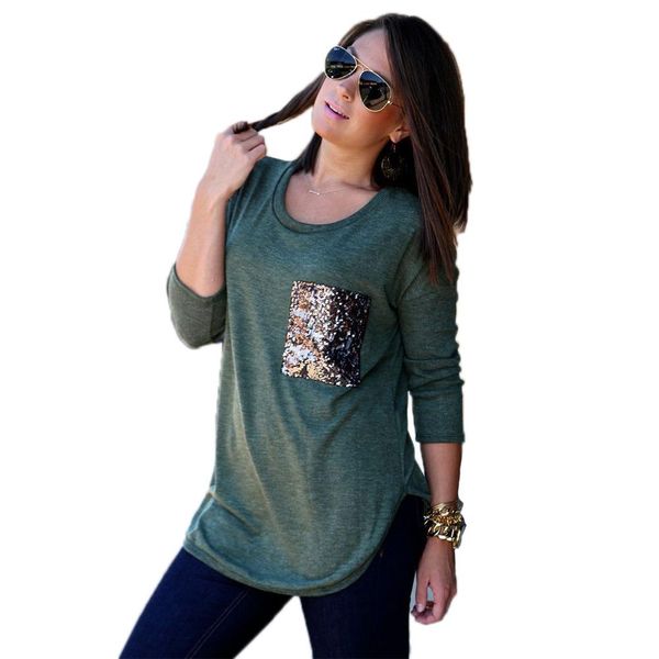 

wholesale- 2016 new fashion long sleeve t shirt women punk sequins pocket casual tee cotton camisetas femininas tshirt