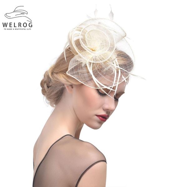 

welrog fascinators hat для женщин цветочные твердые сетки цветочные перья fedoras hat оголовье волос клип коктейль tea party headwewar ngbqd, White