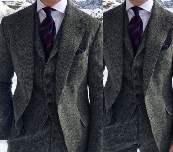 Koyu Gri Harringbone Düğün Smokin 2019 Iki Düğme Ile Çentikli Yaka Slim Fit Man Suit İş fırsat (Ceket + Pantolon + yelek + yay)