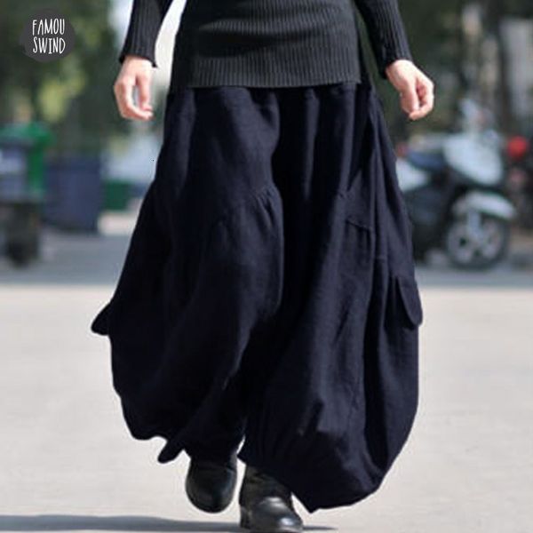 

high elastic waist cargo pants lantern pantalon loose baggy long pockets solid cotton linen wide leg trousers, Black;white