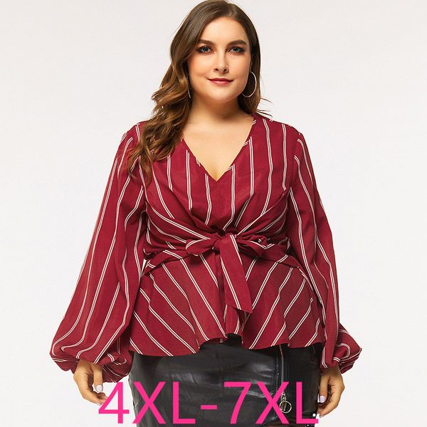 

2020 spring autumn plus size for women large blouse long sleeve loose casual stripe v neck shirt belt red 4xl 5xl 6xl 7xl, White
