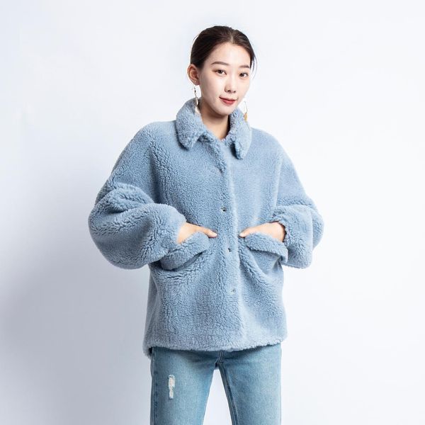 

abrigos mujer invierno 2019 winter faux fur coat women with 30% real sheep fur wool blends kawaii short teddy jacket, Black