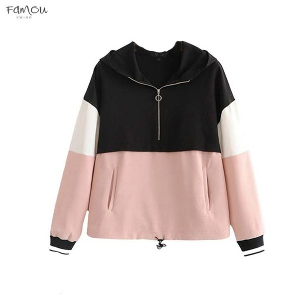 

Women Loose Patchwork Sweatshirts Long Sleeve Pockets Drawstring Tie Casual Basic Pullovers Female Pink Cute Tops Drop Shipping