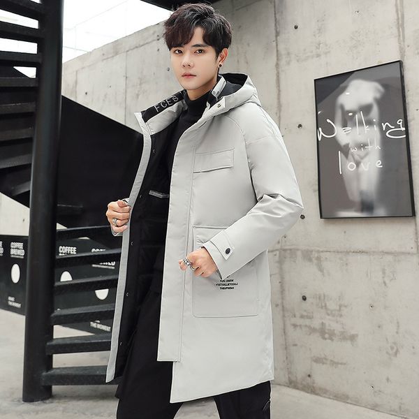 

2019 new style korean-style mid-length down jacket men casual hooded coat winter thick warm cotton-padded clothes men's wear, Black
