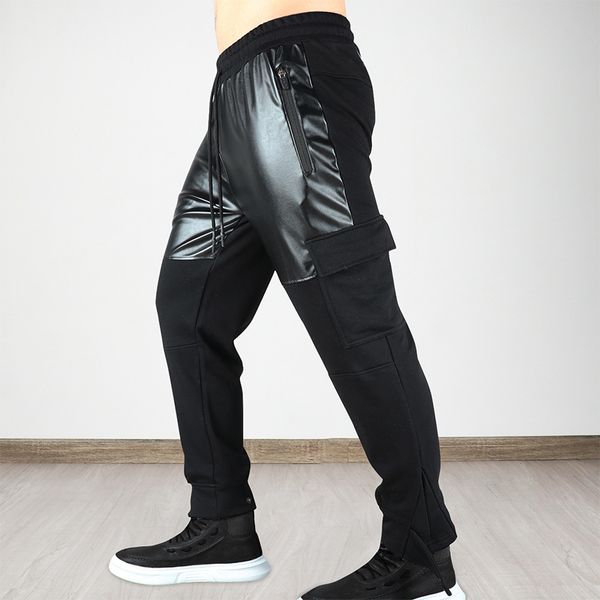 

men winter casual pants solid color straight multi pockets male loose plus size outdoor activities fitness trousers, Black