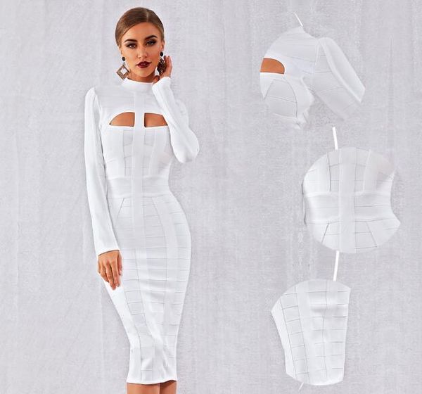 

new autumn women bodycon bandage dress white long sleeve hollow out club dress vestidos celebrity evening party, Black;gray