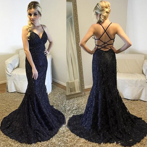 

sparkly sequined satin black prom dresses criss cross straps backless sweep train evening dresses women formal wear party gowns