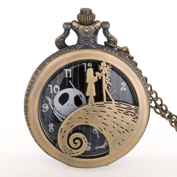 

pendant necklace the nightmare before christmas quartz pocket watch antique black steel men women clock gifts fob watch, Slivery;golden