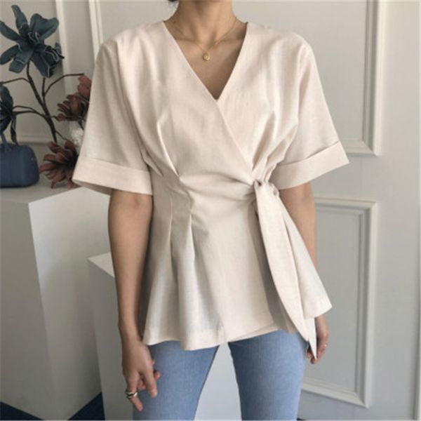 

women's blouses & shirts 2021 arrivals summer solid simple v-neck elegant fashion banadge aesthetic special comfort professional girl b, White