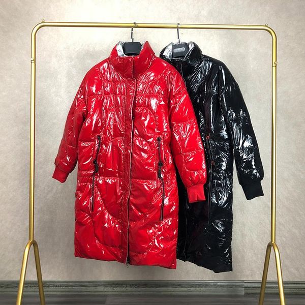 

glossy patent fabric down coats winter luxurious quality down coat female stand collar oversize thicker warm coats f36, Black