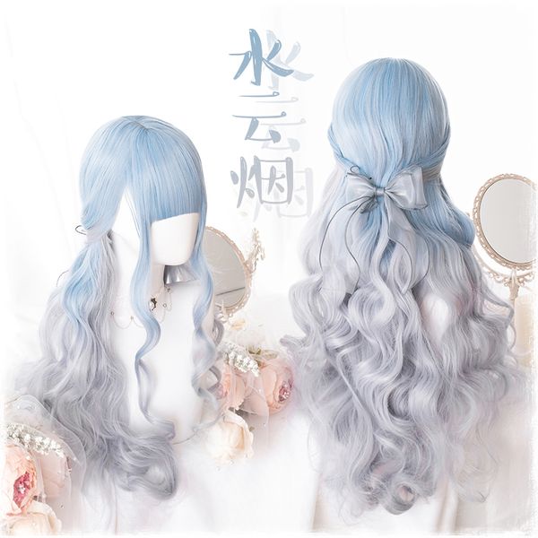 

lolita blue grey gradient synthetic wig cosplay long curly 75cm hair daily harajuku girl + wig cap, Silver