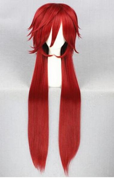 SPEDIZIONE GRATUITA + + Black Butler kuroshitsuji Grell Sutcliff Parrucche Cosplay Capelli sintetici rossi lunghi Parrucca da donna per ragazza Anime