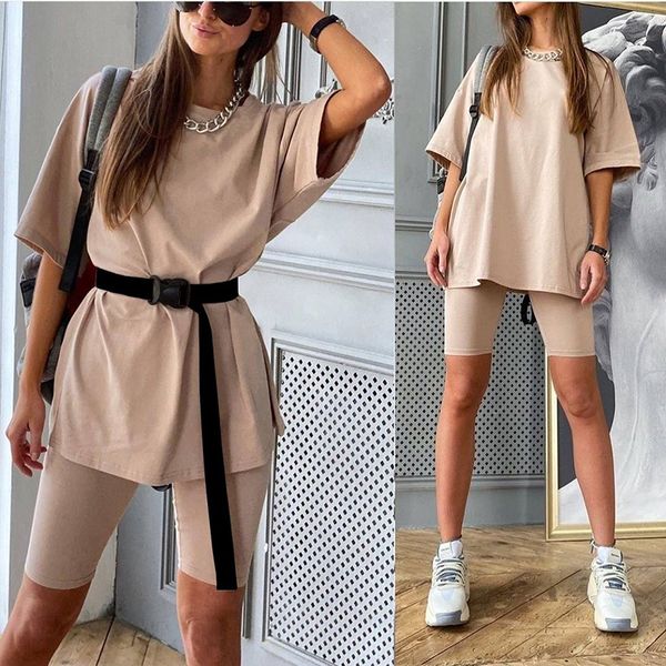 

women casual two piece set including belt solid color home loose sports fashion leisure suit summer, White