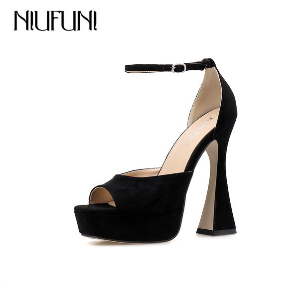 

niufuni 2020 summer fashion suede high heels women sandals ankle strap platform shoes new design peep toe female sandal t200529, Black