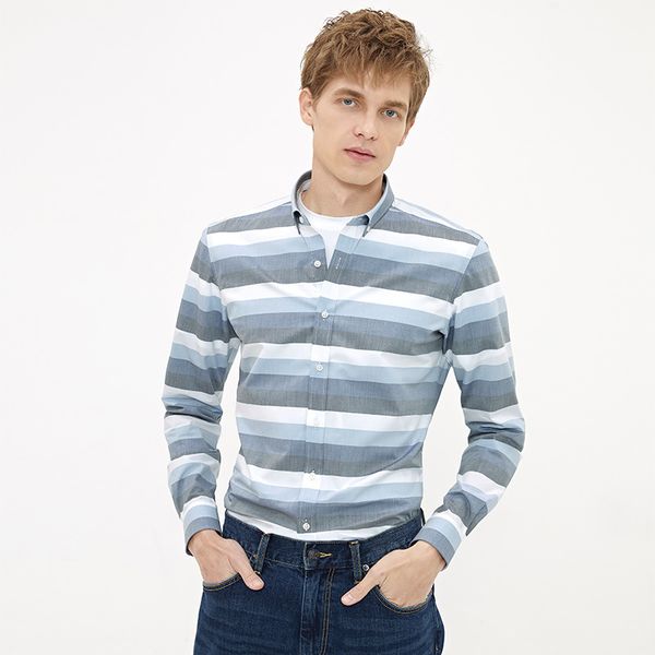 

pure cotton shirt male long sleeve 2020 buckle collar big stripes shirt blue white gradient color shirt, White;black