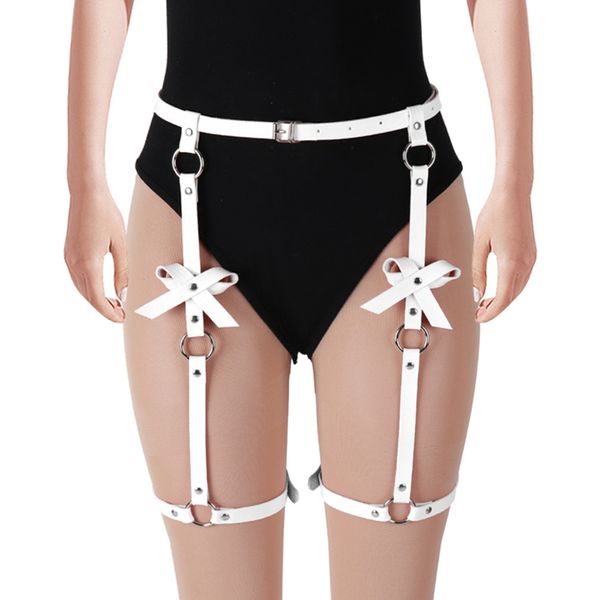 

leather harness garter cage waist bow stockings suspender belt fetish goth punk adjust body bondage lingerie festival rave, Black;white