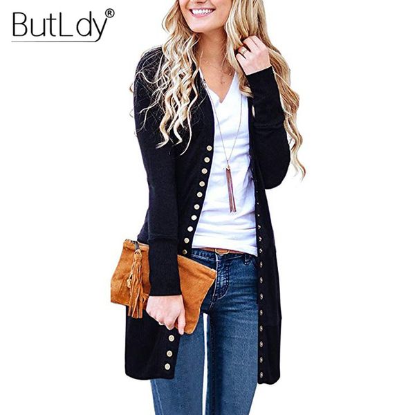 

long sweater women buttons knitted cardigan long sleeve ribbed neckline knitwear coat autumn winter 2019 fashion jumpers ladies y191004, Black;white