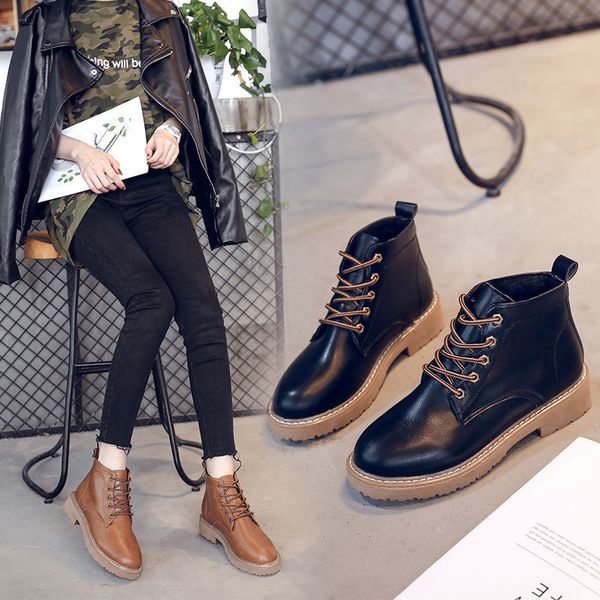 

2019 womens ankle boots medium heel lace up round toe women boots spring and autumn female nw4070, Black