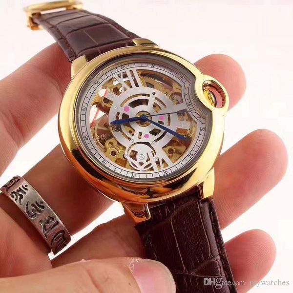 

высокого качества top мужчина часов мода натуральная кожа скелет циферблат механических автоматические часов для мужчин платья наручных часо, Slivery;brown