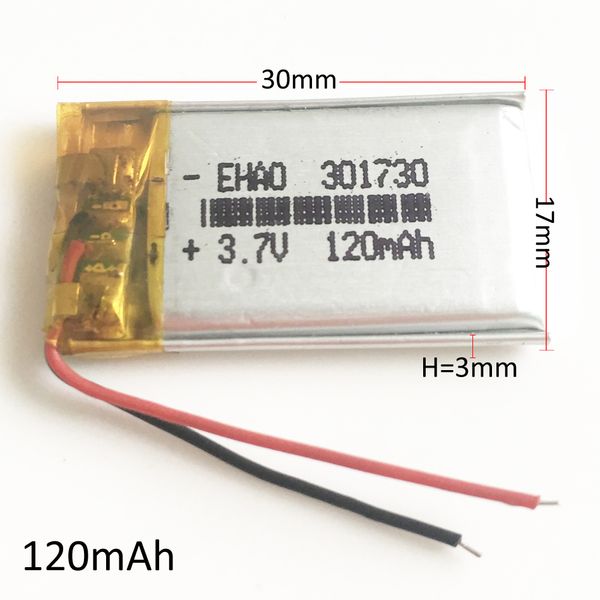 3.7 V 120 mAh 301730 Polímero de Lítio Li-Po Bateria Recarregável para DIY MP3 MP4 MP5 GPS PSP fone de Ouvido Bluetooth fone de Ouvido