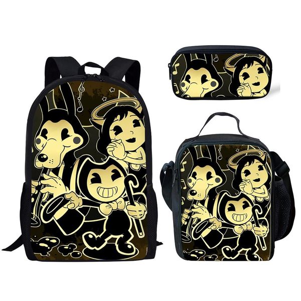 

black school backpack set/3pcs for kids boys cartoon bendy and ink machine printing schoolbag bookbag students daypack