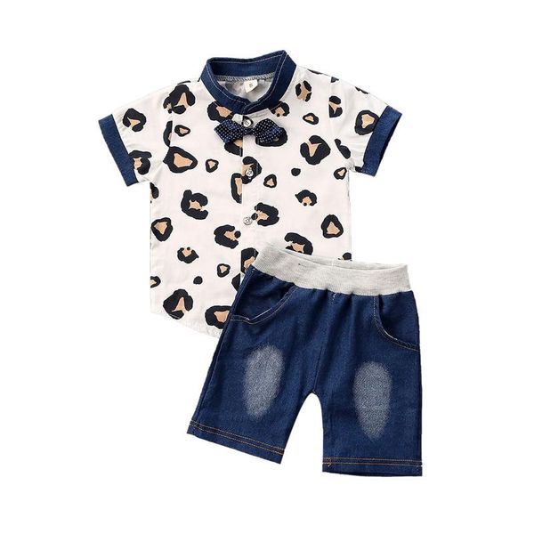 

2020 baby summer clothing toddler baby boys clothes sets leopard print bow short sleeve t shirts +denim shorts 2pcs outfits, White