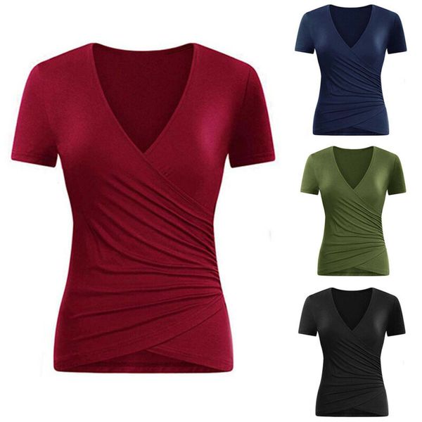 

women's deep v neck short sleeve plain wrap tee shirt casual summer blouse, White