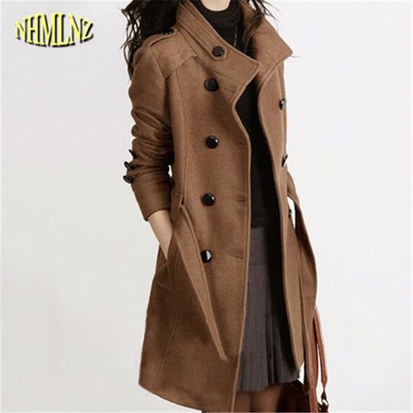

wholesale- 2017 women autumn and winter new fashion coat solid color slim long-sleeved double-breasted medium long woolen coat women wxy197, Tan;black
