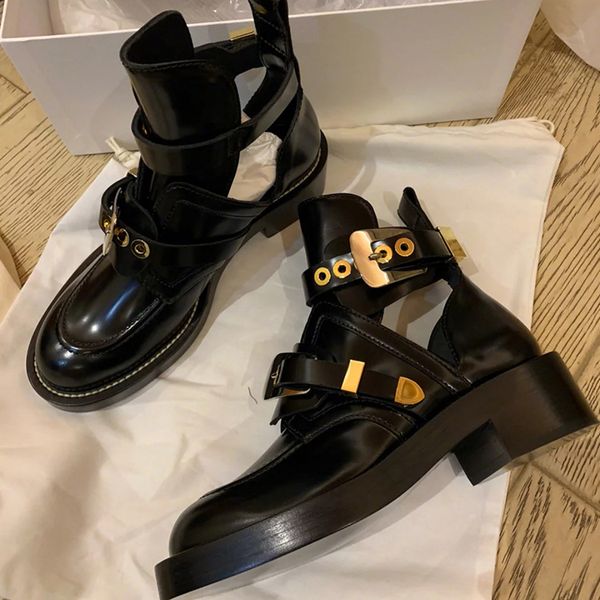 

designers cut outs black motorcycle punk booties new brand women summer sandals boots metal buckle straps thick heel ankle boots