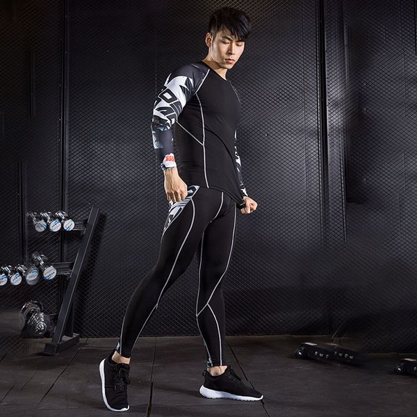 

rashgarda mma costume 2 piece tracksuit men tights long sleeve t shirt muscle shirt crossfit leggings men compression tracksuit, Gray